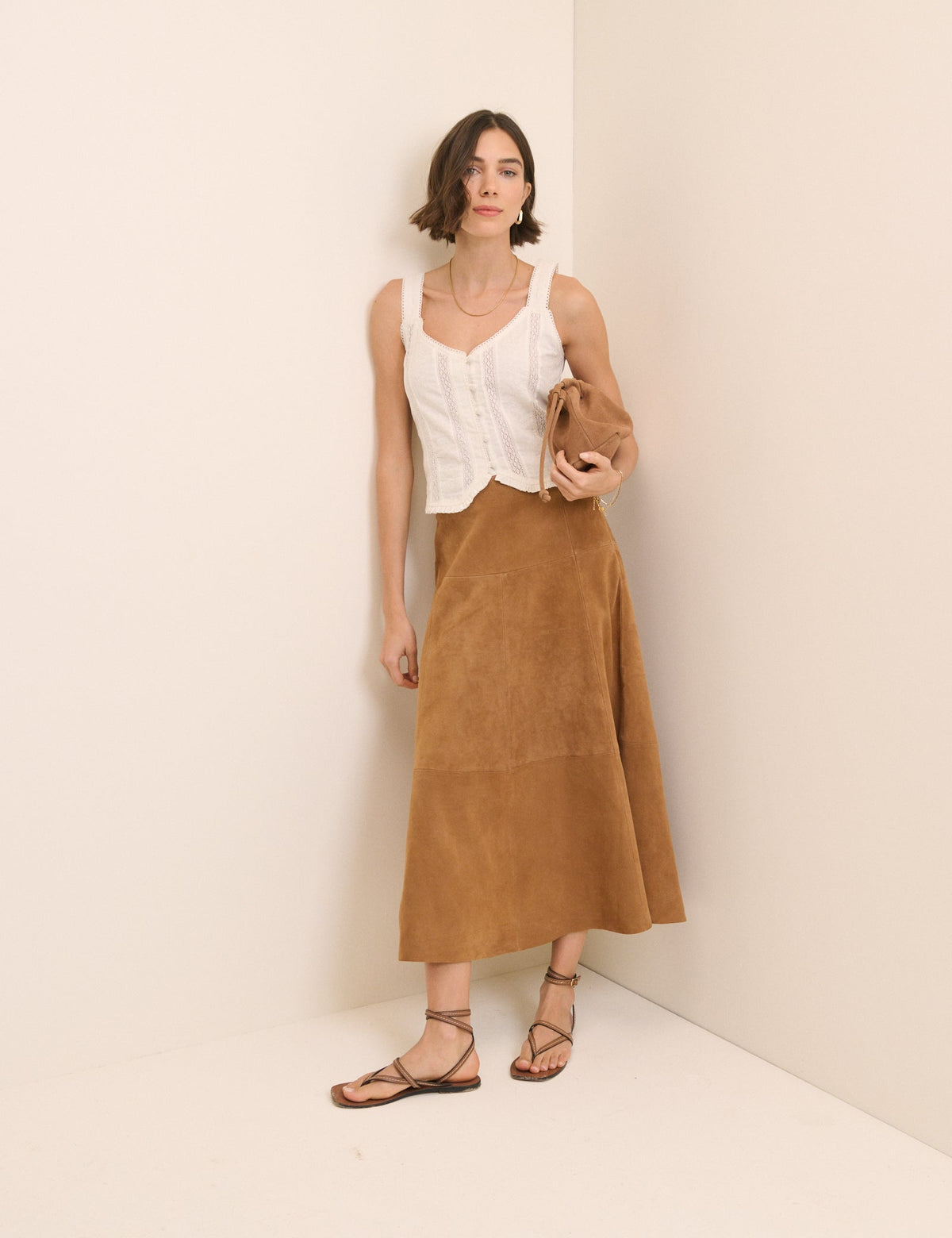 Brown Suede Midi Skirt