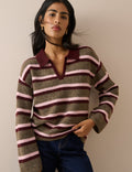 Brown Striped V-neck Collared Jumper