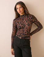 Leopard Print Jersey High Neck Top