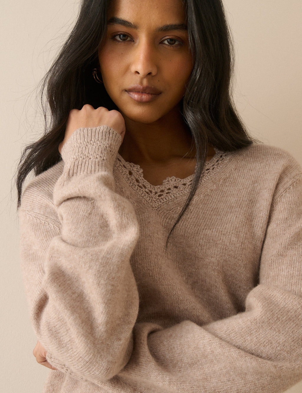 Beige Crochet Trim Wool-Blend Jumper