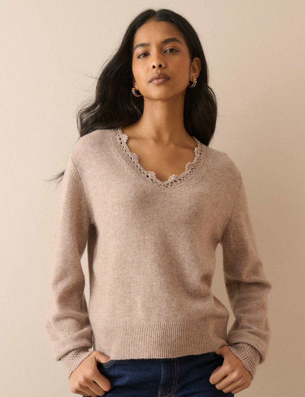 Beige Crochet Trim Wool-Blend Jumper