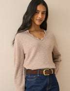 Beige Crochet Trim Wool-Blend Jumper