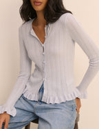 Baby Blue Rib and Ruffle Sheer Knit Cardigan