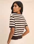 Brown and White Stripe Short Sleeve Tie Neck Cardigan