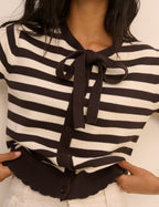 Brown and White Stripe Short Sleeve Tie Neck Cardigan
