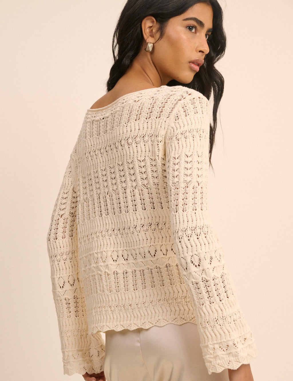 Cream Pointelle Boat Neck Jumper