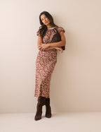 Brown Floral Puff Sleeve Marianna Midi Dress