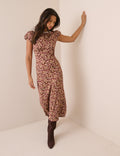 Brown Floral Puff Sleeve Marianna Midi Dress