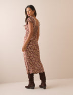 Brown Floral Puff Sleeve Marianna Midi Dress