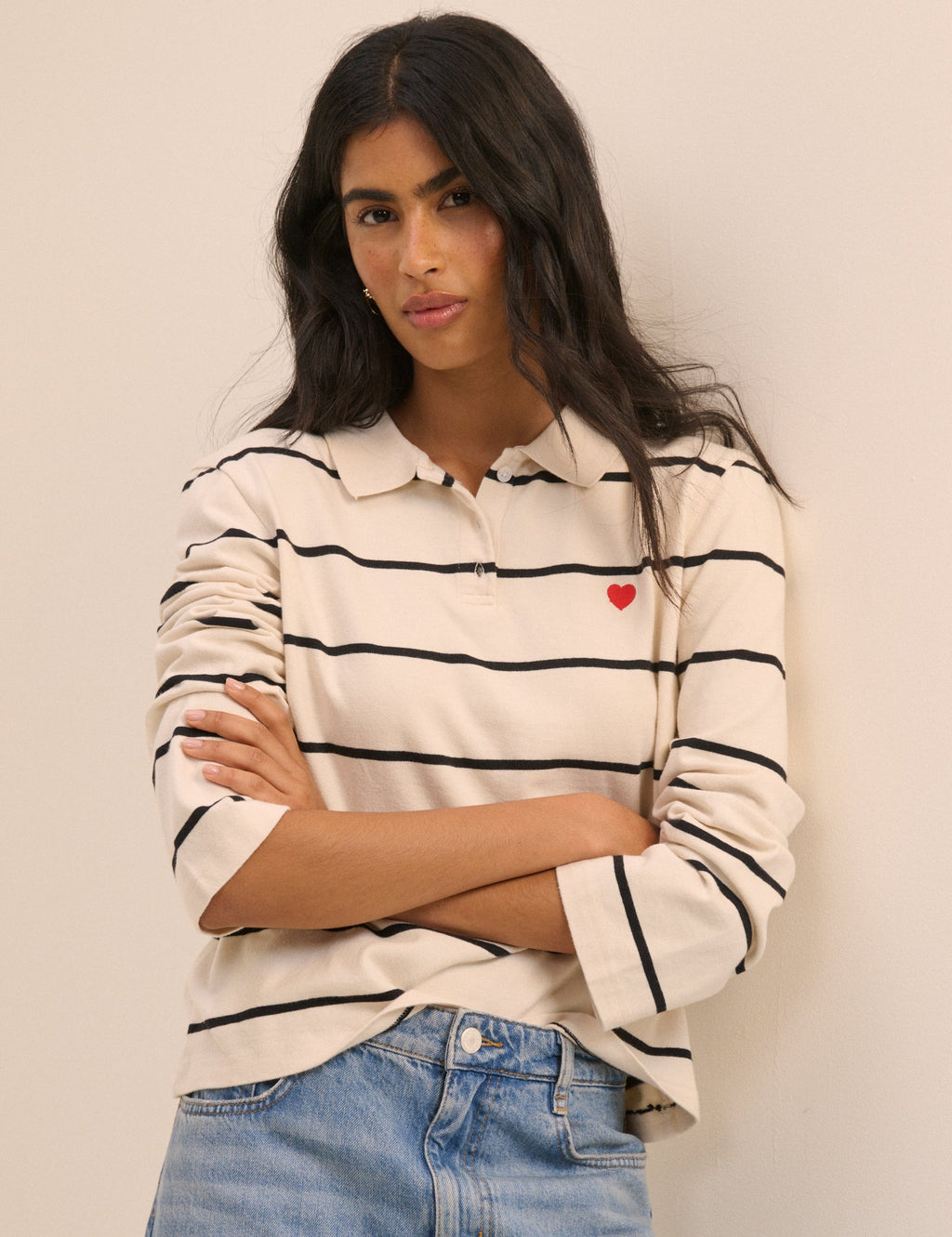 Cream Striped Long Sleeve Polo Top