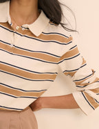 White and Brown Striped Long Sleeve Polo Top