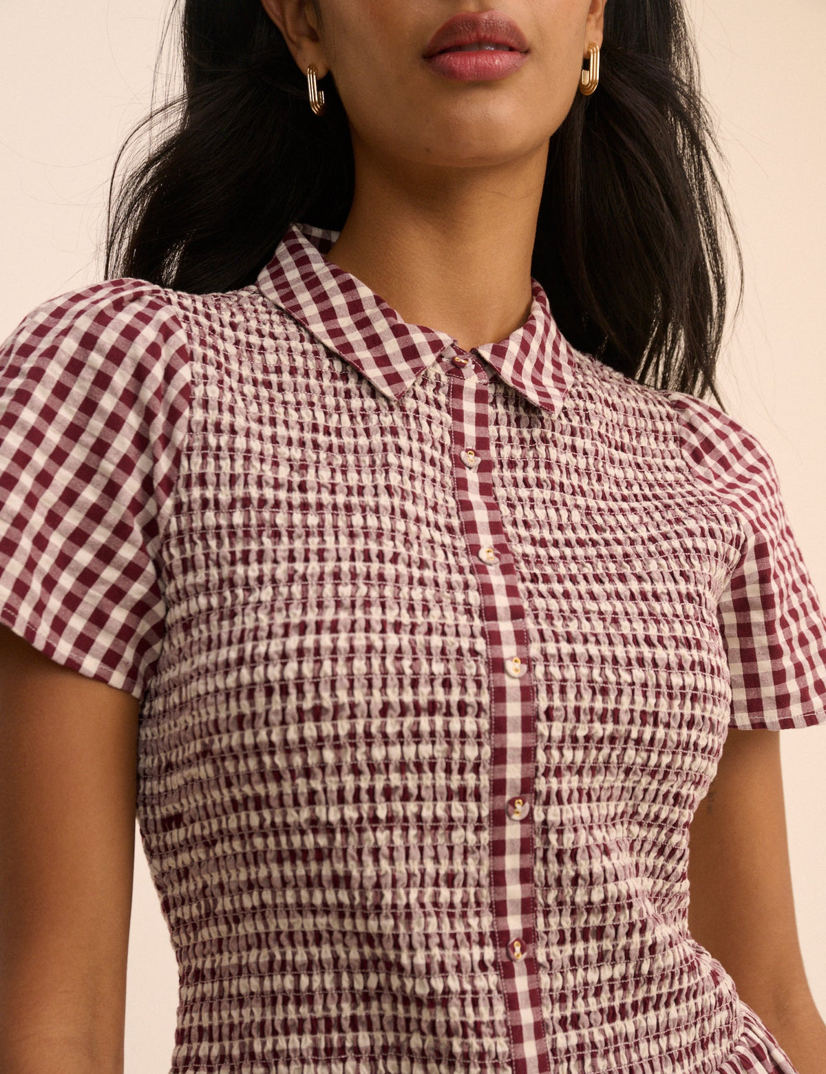 Burgundy Gingham Shirred Ioni Mini Dress