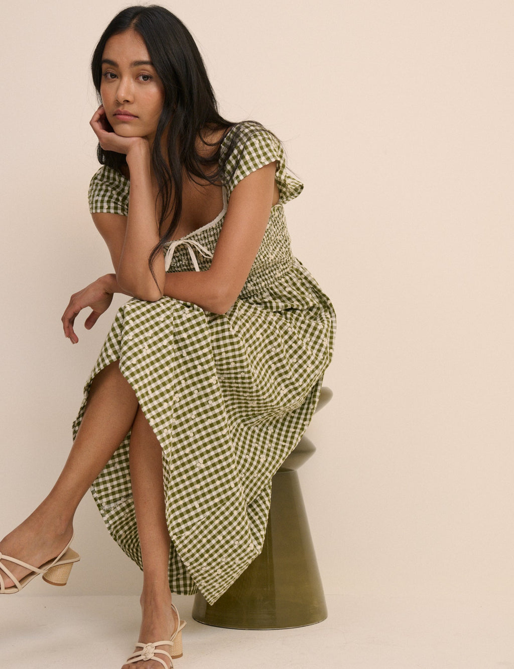 Green Gingham Embroidered Shirred Mindy Midi Dress