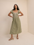 Green Gingham Embroidered Shirred Mindy Midi Dress