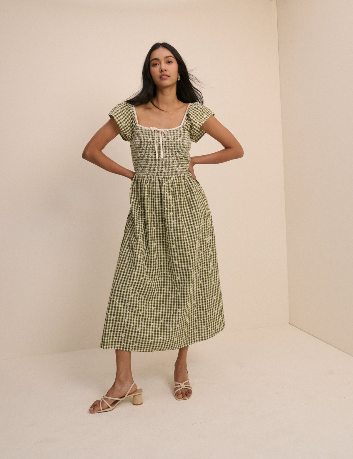 Green Gingham Embroidered Shirred Mindy Midi Dress