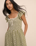 Green Gingham Embroidered Shirred Mindy Midi Dress
