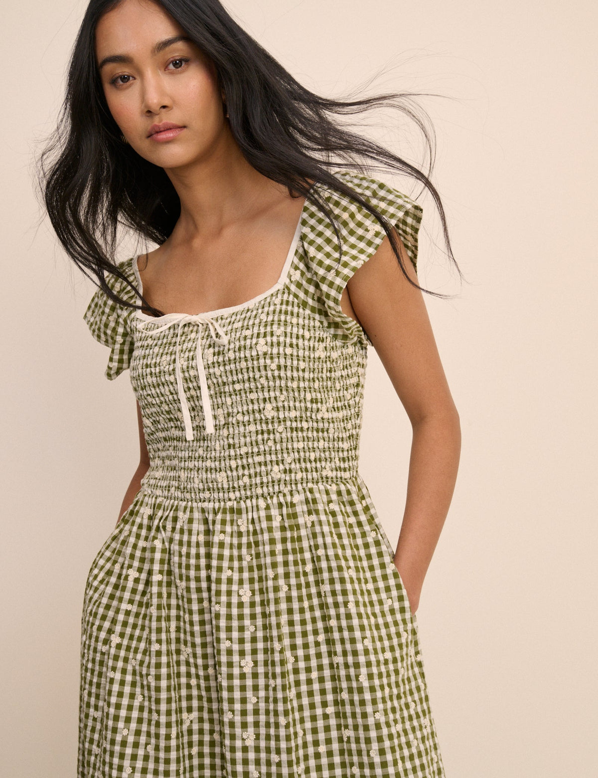 Green Gingham Embroidered Shirred Mindy Midi Dress
