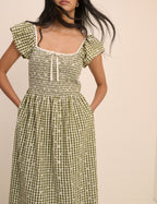 Green Gingham Embroidered Shirred Mindy Midi Dress