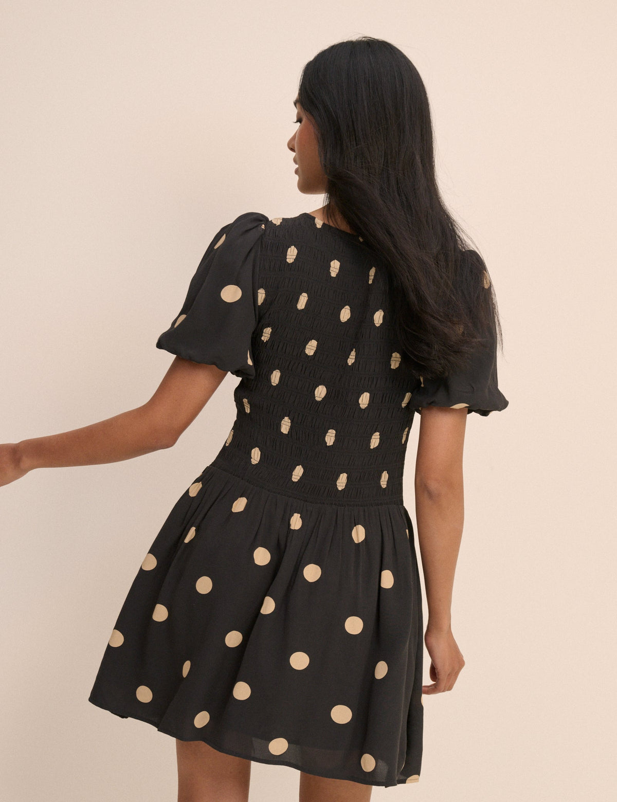 Black Polka Dot Shirred Landy Mini Dress