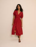 Red Button Front Frances Midi Dress