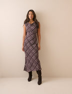 Brown Check Cowl Neck Theo Midi Dress