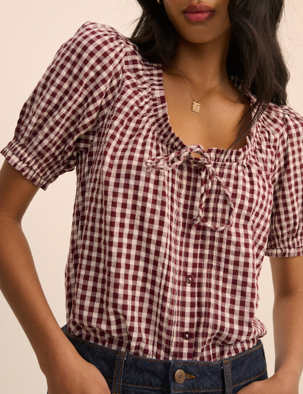 Burgundy Gingham Puff Sleeve Lumi Blouse