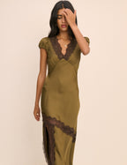 Khaki Lace Trim Satin Gloria Maxi Dress