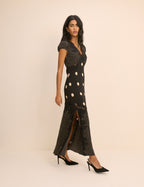 Black Polka Dot Lace Trim Satin Gloria Maxi Dress