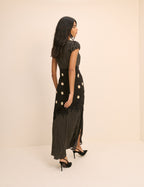 Black Polka Dot Lace Trim Satin Gloria Maxi Dress