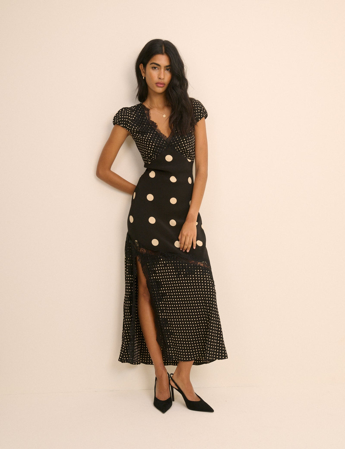 Black Polka Dot Lace Trim Satin Gloria Maxi Dress