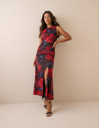 Red Floral Ruched Mesh Tammy Midi Dress