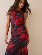 Red Floral Ruched Mesh Tammy Midi Dress
