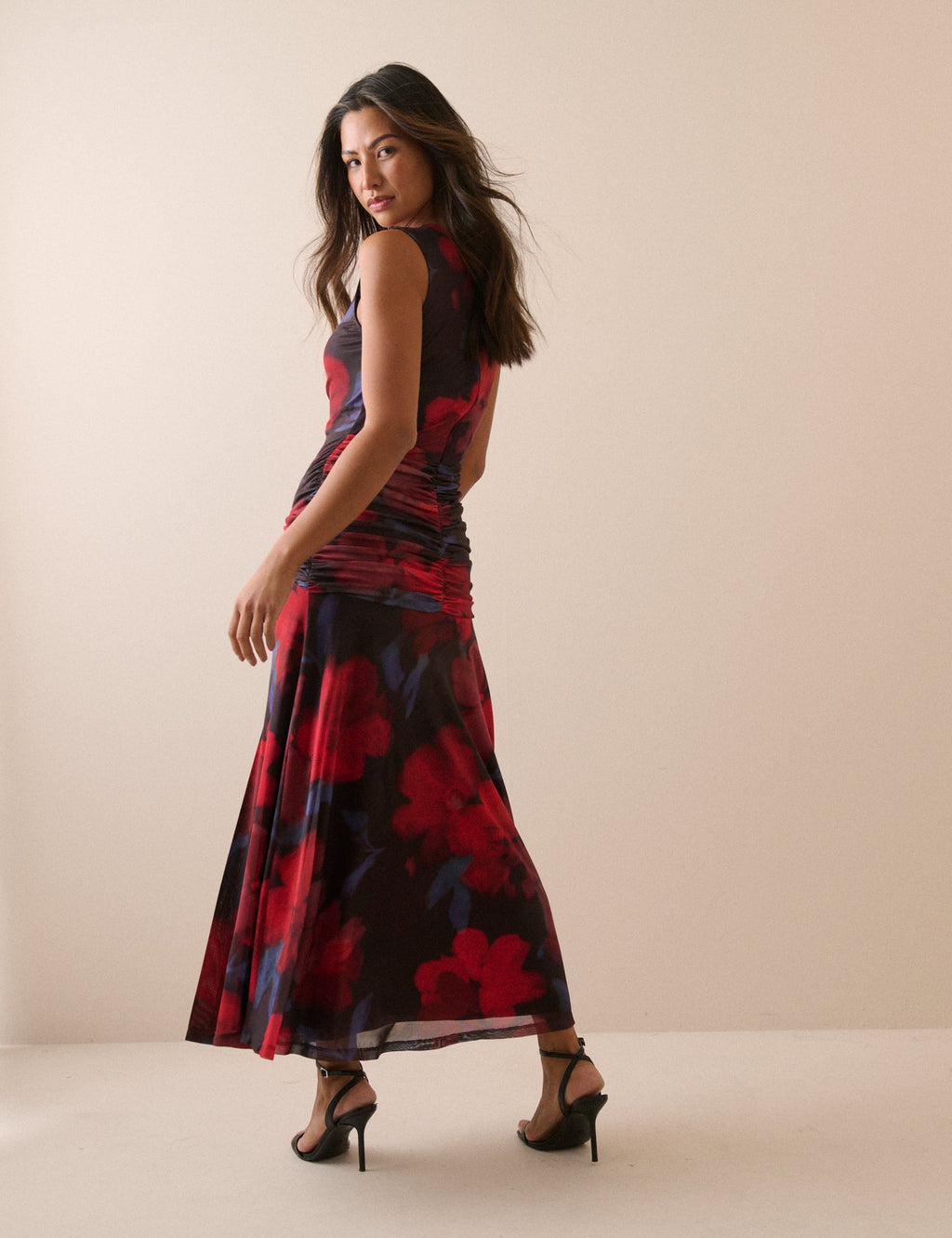 Red Floral Ruched Mesh Tammy Midi Dress