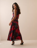 Red Floral Ruched Mesh Tammy Midi Dress