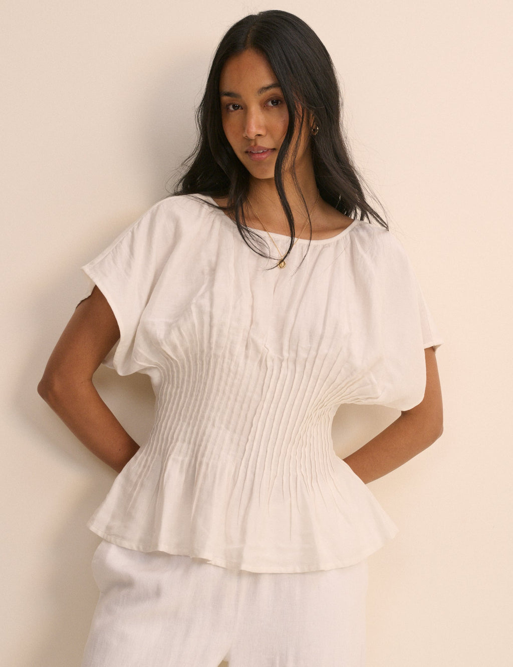 Cream Pintuck Short Sleeve Top