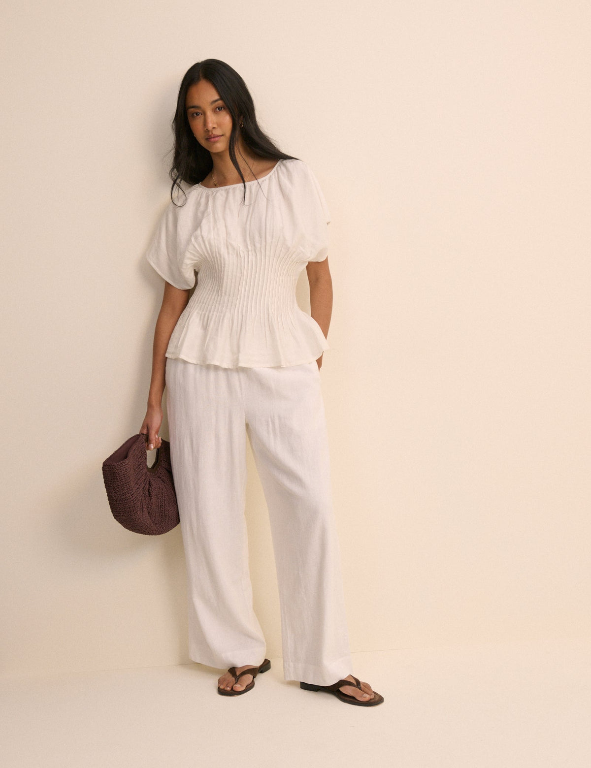 Cream Pintuck Short Sleeve Top