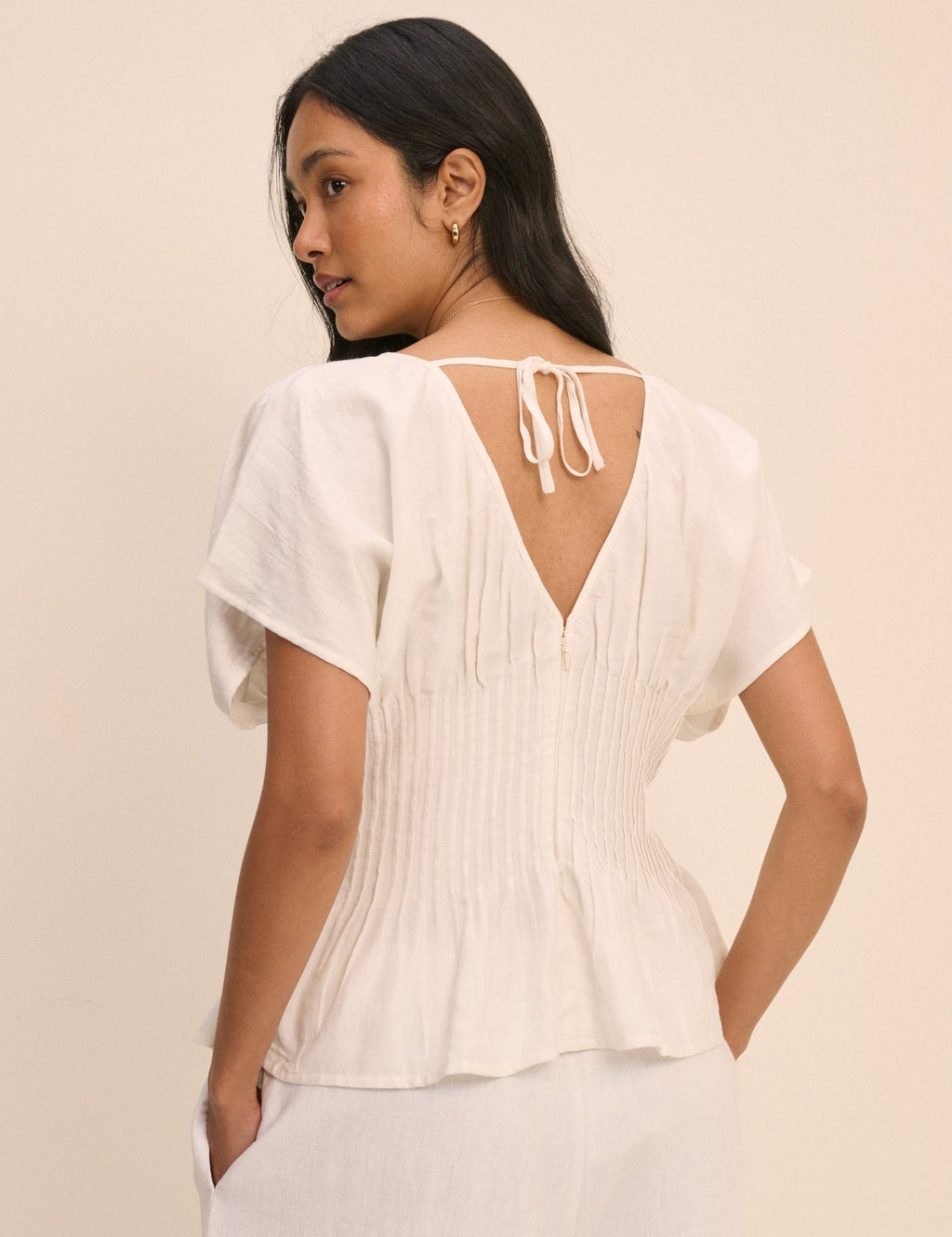 Cream Pintuck Short Sleeve Top