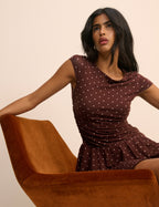 Brown Polka Dot Drop Waist Jersey Yuki Mini Dress