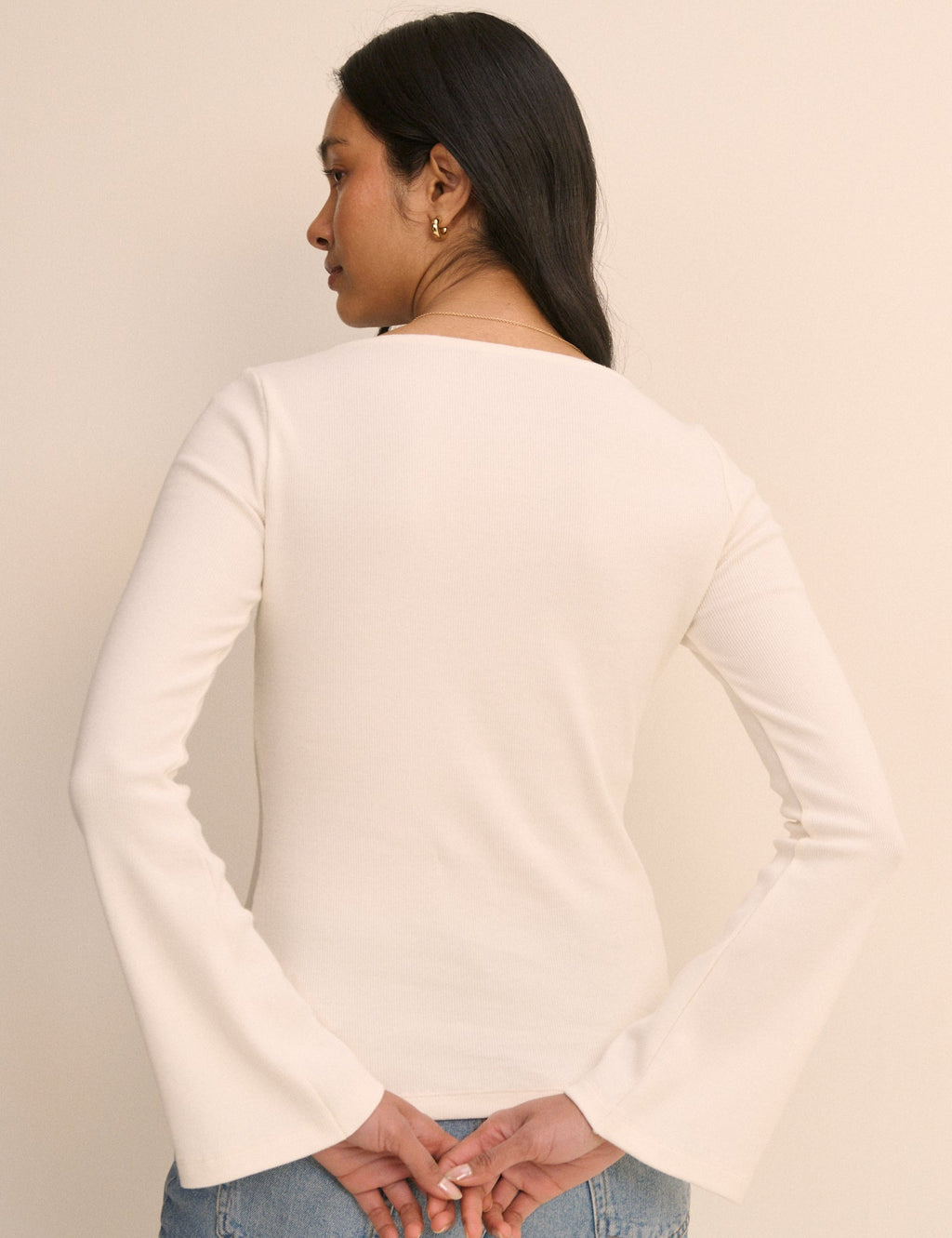 Ivory Ribbed Flared Sleeve Jersey Cardigan