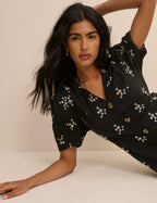 Black Floral Embroidered Button Front Zeyna Midi Dress