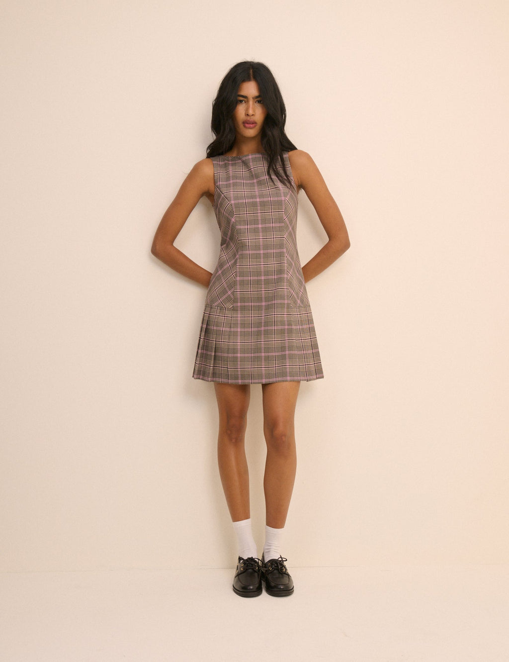Brown Check Pleated Mary Mini Dress