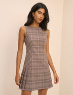 Brown Check Pleated Mary Mini Dress