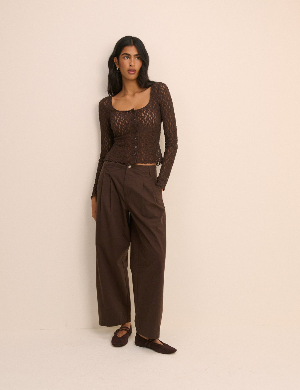 Brown Pleated Subtle Barrel Trousers