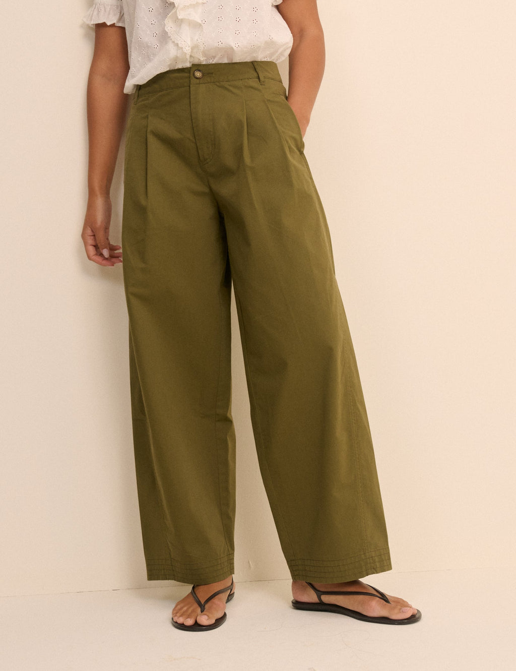 Khaki Pleated Subtle Barrel Trousers