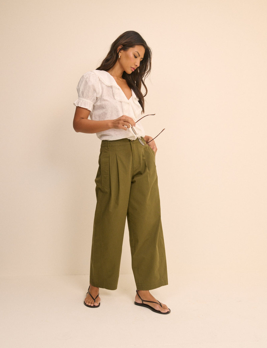 Khaki Pleated Subtle Barrel Trousers