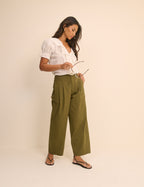 Khaki Pleated Subtle Barrel Trousers