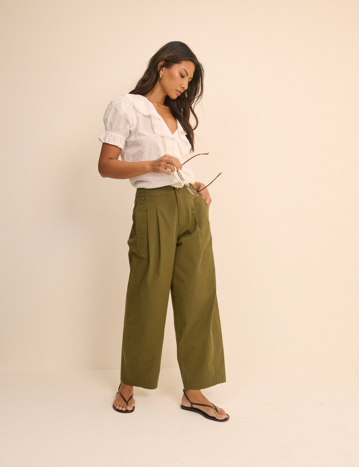 Khaki Pleated Subtle Barrel Trousers