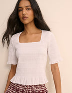 White Shirred Frill Trim Top