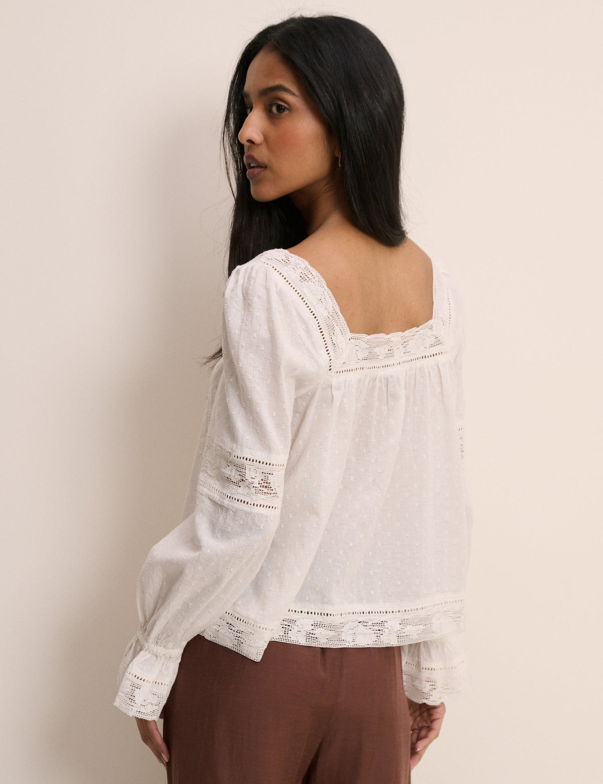 White Lace Trim Long Sleeve Blouse