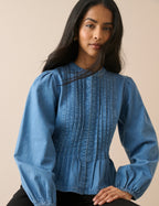 Mid-Wash Pintuck Denim Blouse